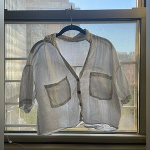 Zara White Linen Button T-Shirt